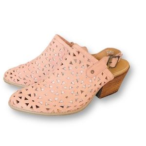 Musse & Cloud Pink Die Cut Leather Ankle Strap Heeled Booties Women's Size 10